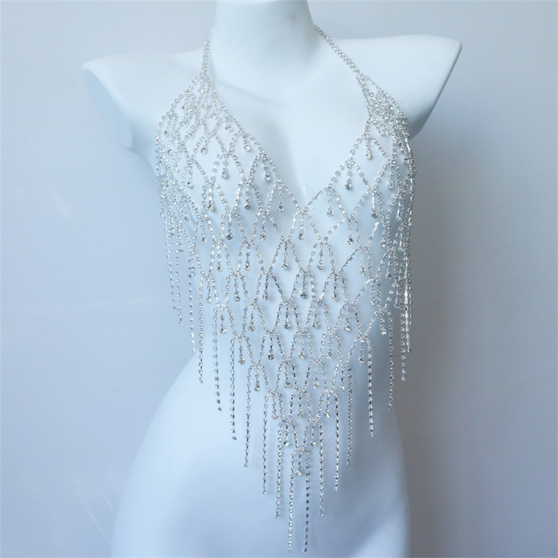 Телесна верига с кристали, бял кристал, диамантена обработка, екзотично женско колие