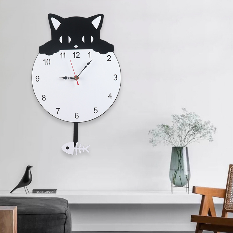 Стилен стенен часовник с акрилна форма котешко-риба и люлеещ се дизайн, кварцов механизъм със секунда ход, модел 6168S, едностранен, декоративен часовник