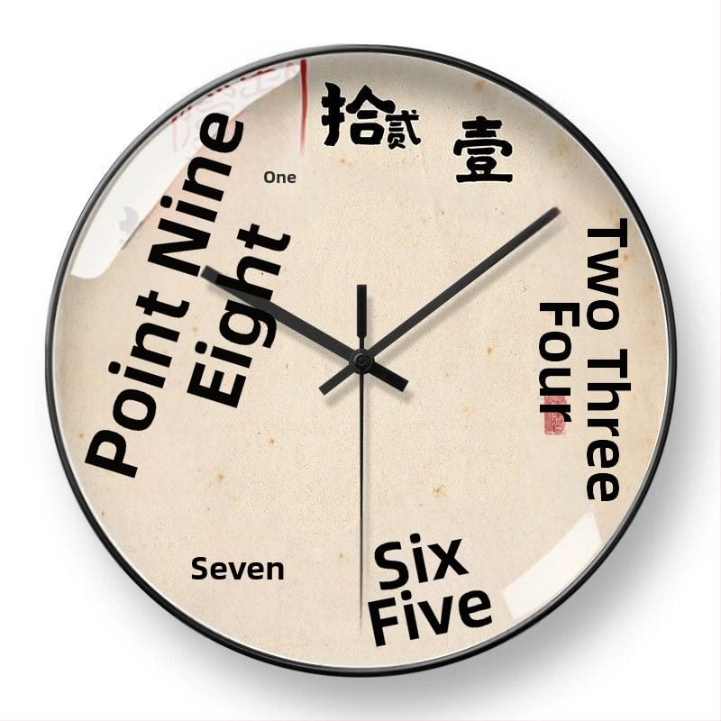 Стенно часовник в китайски стил с класическо ретро и модерно оформление и мотив китайски символи; механично движение, захранване с суха батерия, метален корпус, метален циферблат, стъклен преден панел