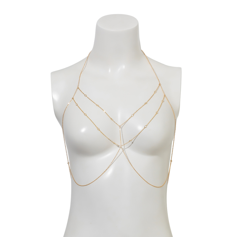 Chu Cheng дамски гръден синджир от сплав със бели кристални камъни, електроплатинг, синджир за тяло за бикини