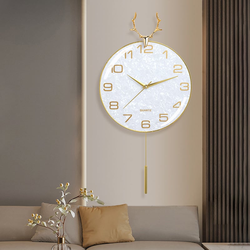 Стенно часовник - Скандинавски дизайн с еленски рога, лек лукс за дневна, кварцов, плавно движение, батерия, метален корпус и циферблат