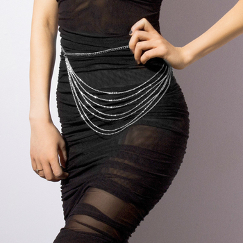 Youni метална верига за талия, U-образен многослоен помпон дизайн, дължина 100–105 cm