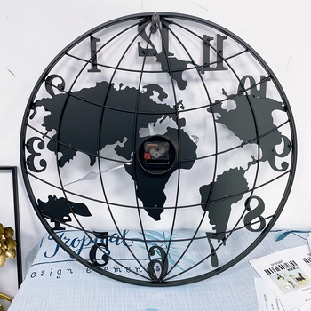 Стенно часовник с карта на света, кръгъл дизайн - електронно движение, батерия, метална рамка, метален циферблат, покрито стъкло