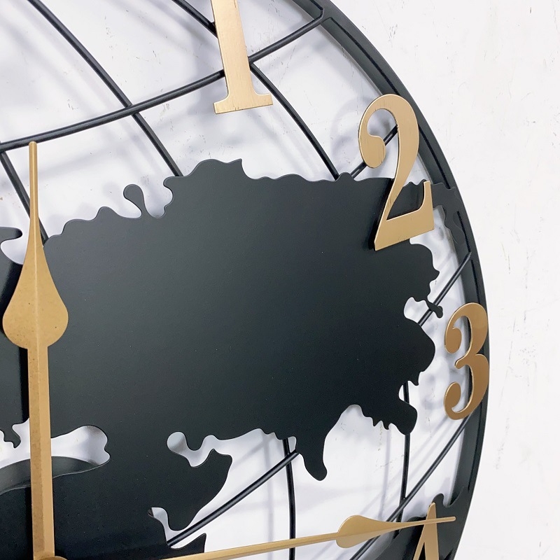 Стенно часовник с карта на света, кръгъл дизайн - електронно движение, батерия, метална рамка, метален циферблат, покрито стъкло