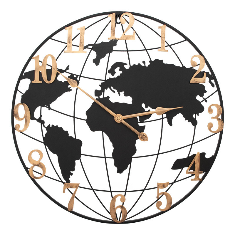Стенно часовник с карта на света, кръгъл дизайн - електронно движение, батерия, метална рамка, метален циферблат, покрито стъкло