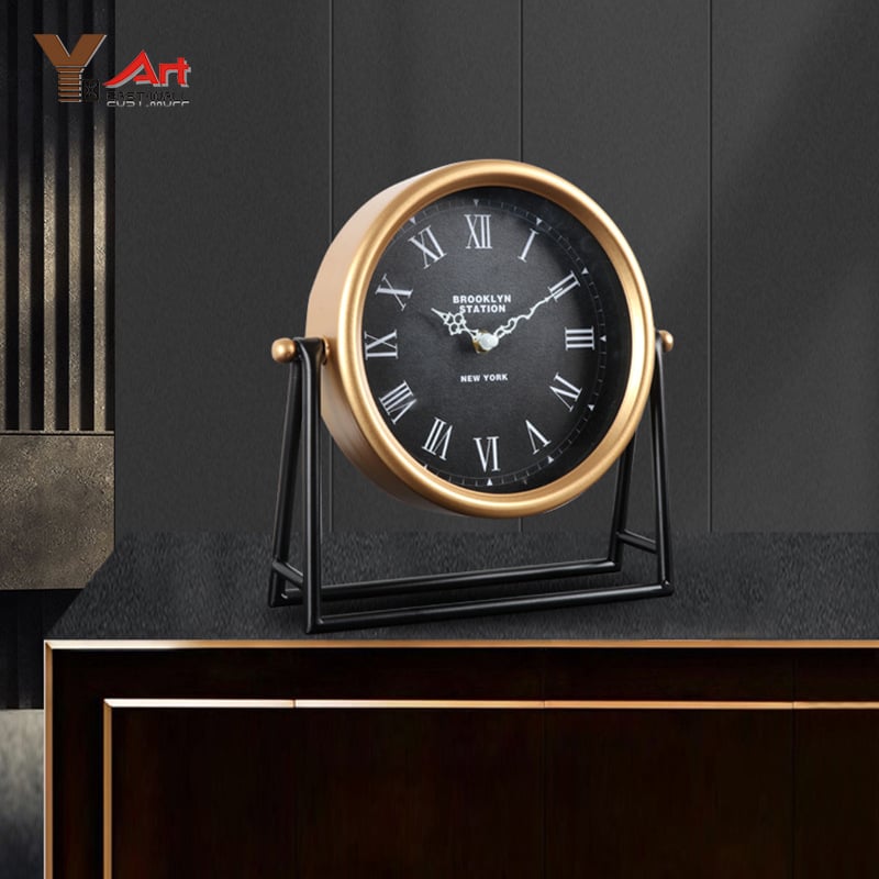 Настолен часовник за хол, кръгъл метален корпус, кварцов механизъм, LED дисплей, едностранен, батерийно захранване