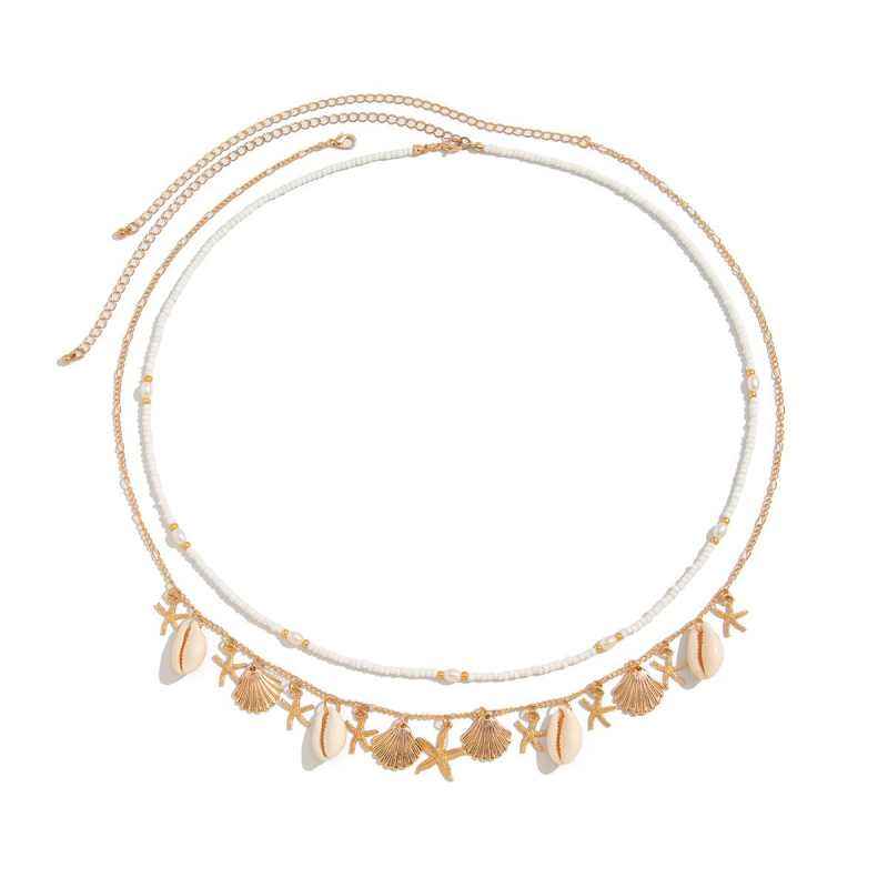 Талиева верига бохо със морски мотиви: морска звезда, раковина и имитационна перла (Материал: метал; Стил: сладък; Брой примки: двойна кръгла; Пускане: лято 2025)