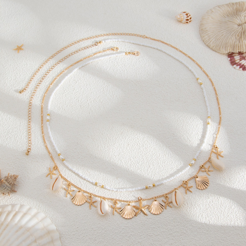 Талиева верига бохо със морски мотиви: морска звезда, раковина и имитационна перла (Материал: метал; Стил: сладък; Брой примки: двойна кръгла; Пускане: лято 2025)