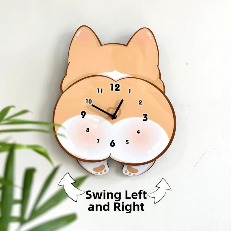 Стенно часовник с Корги – кръгъл дървен корпус, кварцов механизъм, захранван с батерия, едностранен