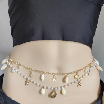Бохемски плажен колан за талия за жени — мотиви звездна морска звезда и ракушка с изкуствена перла, метална верига за тяло