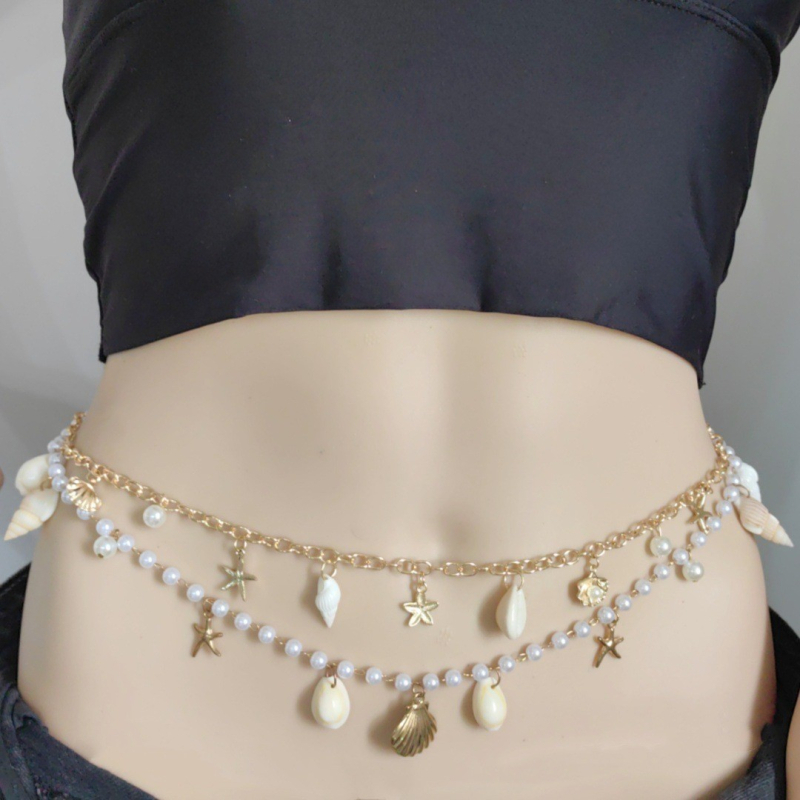 Бохемски плажен колан за талия за жени — мотиви звездна морска звезда и ракушка с изкуствена перла, метална верига за тяло