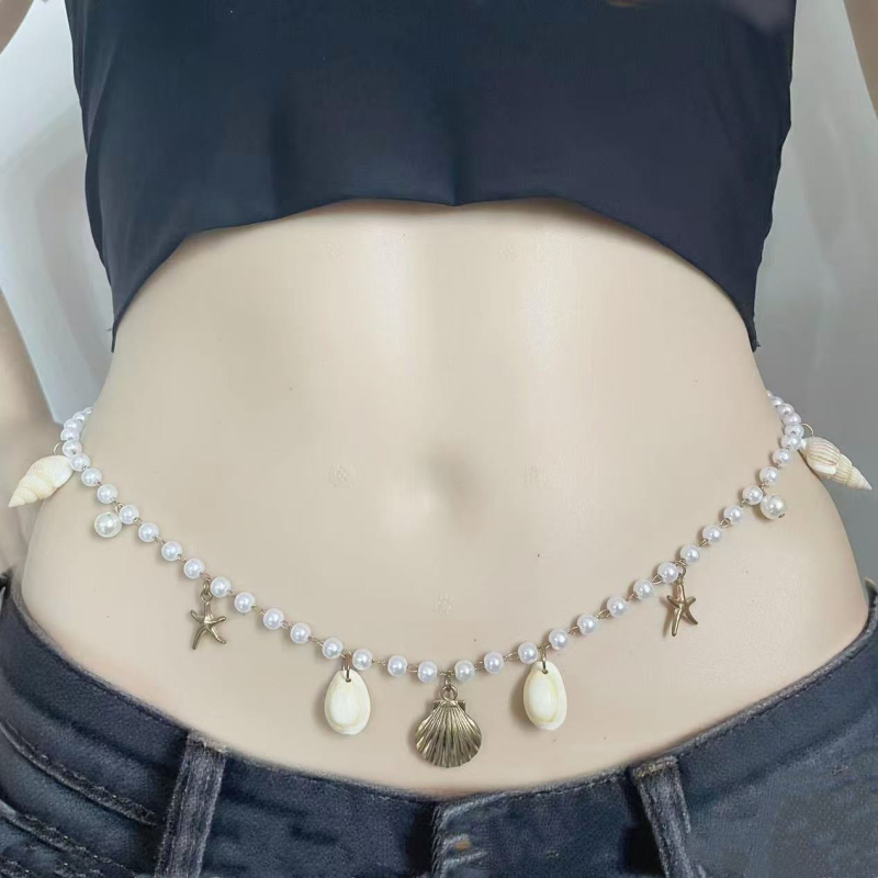 Бохемски плажен колан за талия за жени — мотиви звездна морска звезда и ракушка с изкуствена перла, метална верига за тяло