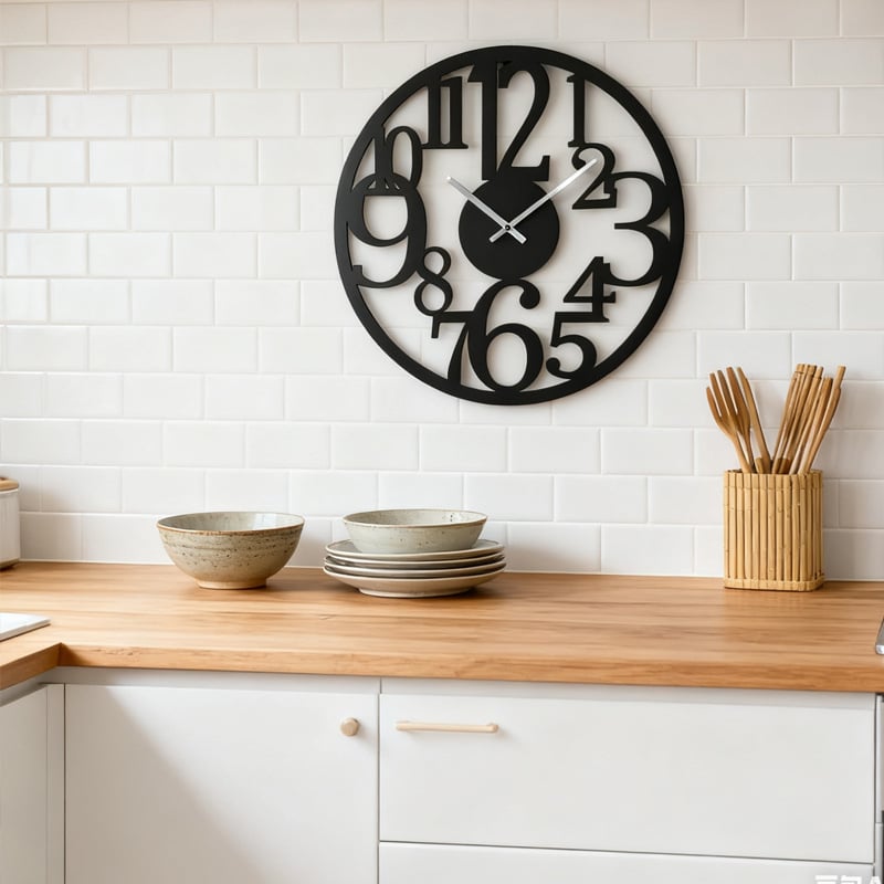 Стилен стенен часовник в скандинавски стил с изрязани цифри, кръгъл метален циферблат, кварцов механизъм, захранван от батерии