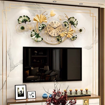 Nástenné hodiny do obývačky s dizajnom listu ginkgo, batériový quartz pohyb, kovový rám