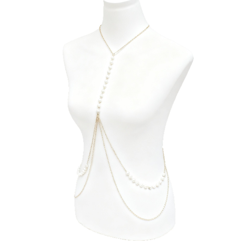 Колан за талия с имитационни перли, двуслойна халтерна конструкция, метална изработка, дължина 80–100 см