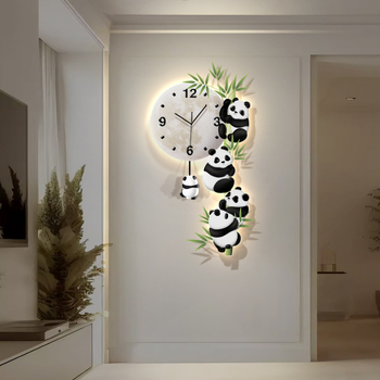 Стенен часовник с panda дизайн, LED дисплей, батерийно захранване, плавно движение, безрамков акрилен циферблат и огледало