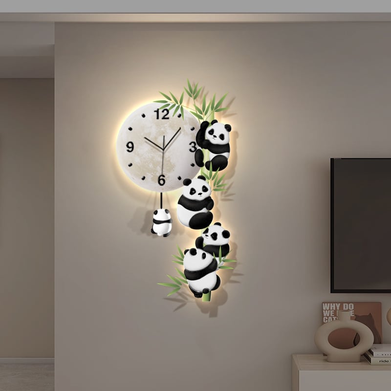 Стенен часовник с panda дизайн, LED дисплей, батерийно захранване, плавно движение, безрамков акрилен циферблат и огледало