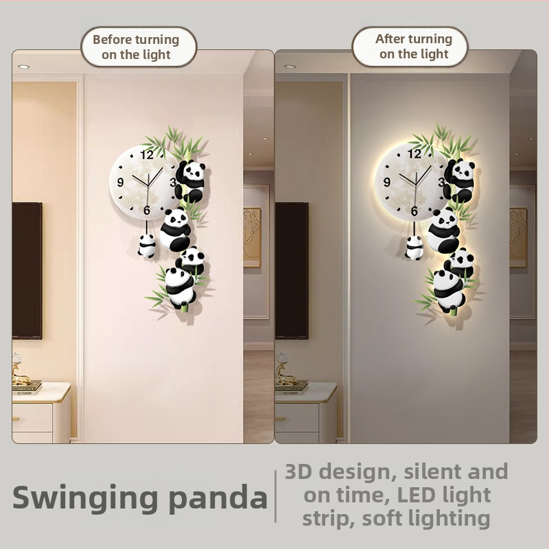 Nástenné hodiny s motívom panda, LED displej, batériové napájanie, plynulý pohyb, bez rámu – akrylový ciferník a zrkadlo