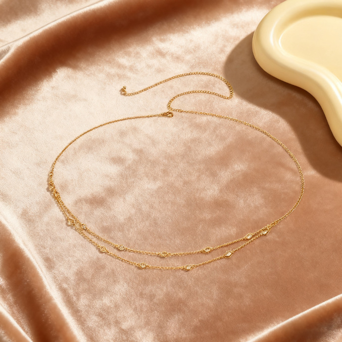 Комплект талияна синджир с многослоен кристален дизайн, метал, дължина 80–100 cm, ширина 2 cm, двойни пръстени за колан