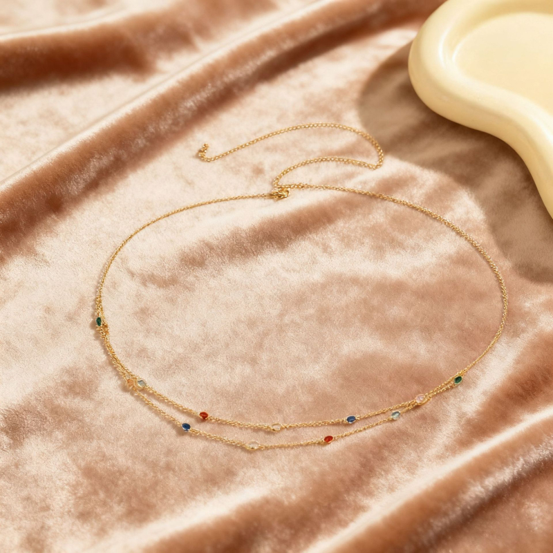 Комплект талияна синджир с многослоен кристален дизайн, метал, дължина 80–100 cm, ширина 2 cm, двойни пръстени за колан