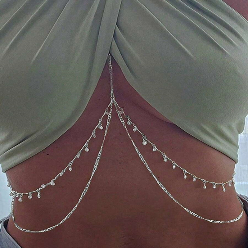 Kovový opasok na pás so strapcami a rhinestones, telo reťaz bez chrbta pre bikini, dámsky plážový doplnok pre dospelé ženy, jesenná verzia 2025