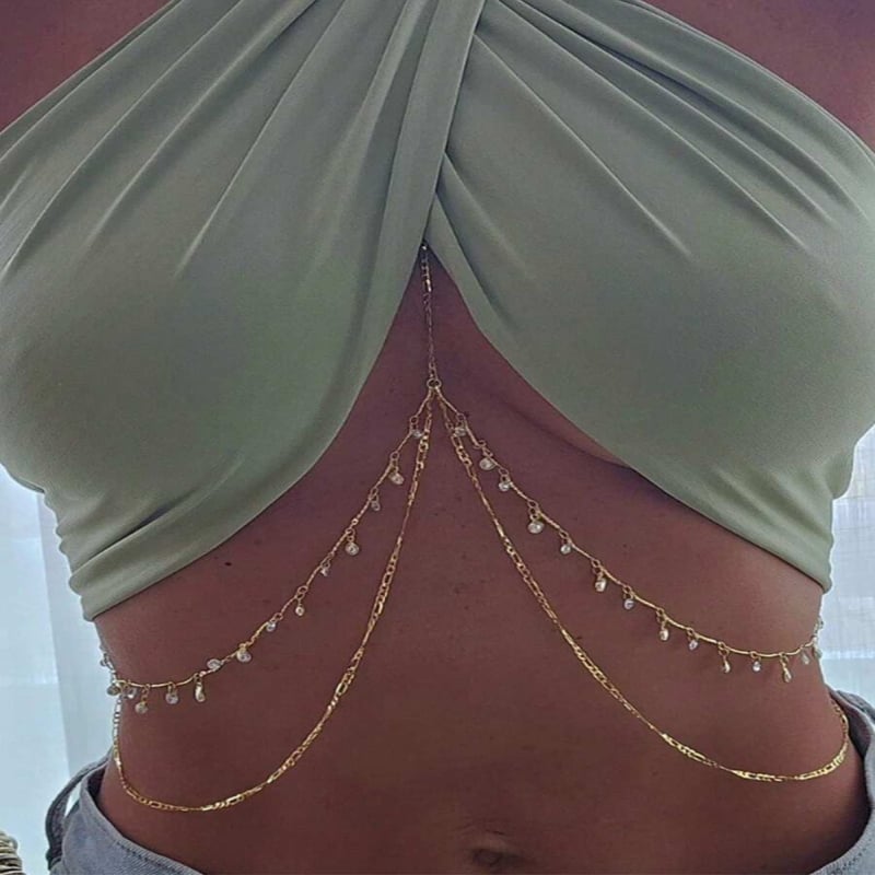 Kovový opasok na pás so strapcami a rhinestones, telo reťaz bez chrbta pre bikini, dámsky plážový doplnok pre dospelé ženy, jesenná verzia 2025