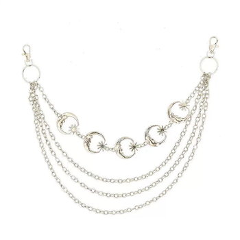 Метален колан за талия/тяло с луна-геометричен многопластов дизайн, унисекс, двойни халки, дължина 60–80 см, ширина 1 мм