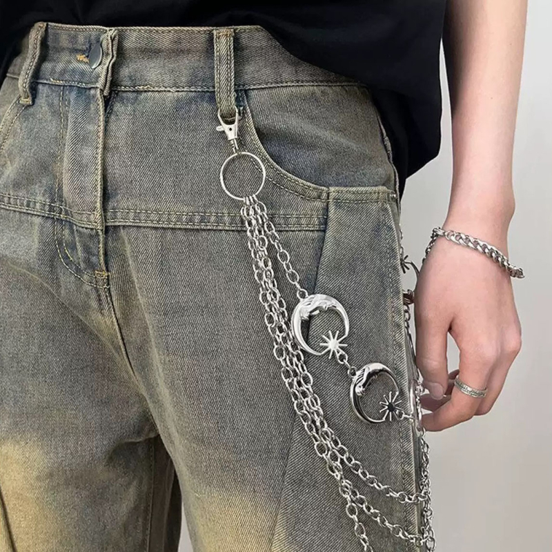 Метален колан за талия/тяло с луна-геометричен многопластов дизайн, унисекс, двойни халки, дължина 60–80 см, ширина 1 мм