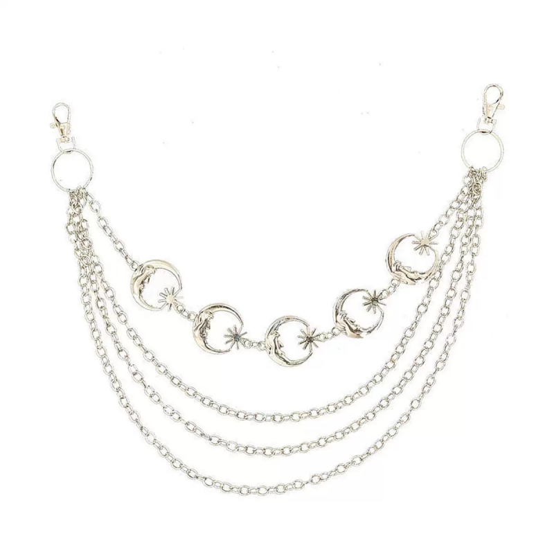 Метален колан за талия/тяло с луна-геометричен многопластов дизайн, унисекс, двойни халки, дължина 60–80 см, ширина 1 мм