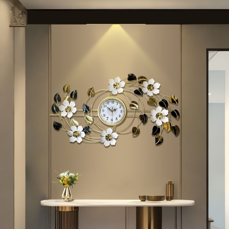 Стенен часовник, флорален европейски стил, кварцов механизъм, батерийно захранване, метален корпус
