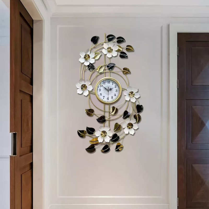 Стенен часовник, флорален европейски стил, кварцов механизъм, батерийно захранване, метален корпус