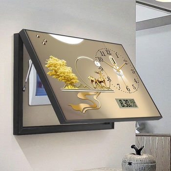 Декоративно платно за електромерна кутия със часовник и вечен календар — модерен скандинавски стил, метална рамка, циферблат от закалено стъкло, батерийно движение