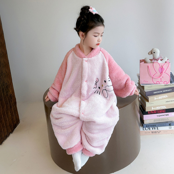 Детски зимни пижами за момичета: фланел, коралов флийс, удебелени, 60% полиестер; за деца 3–8 г (100–140 см)