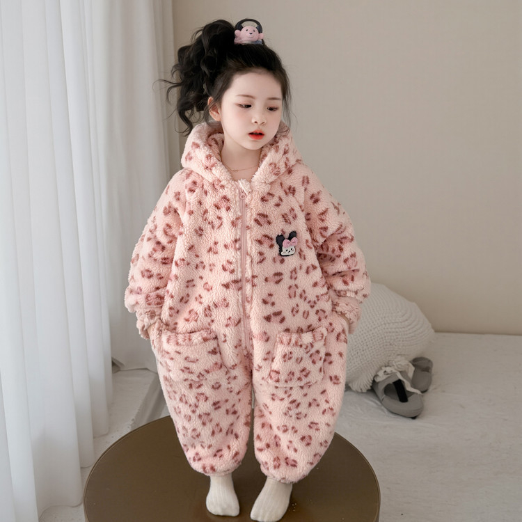 Детска зимна пижама с вграден спален чувал за момичета, плътна фланела, 60% полиестер, корейски стил, за 3–8 години