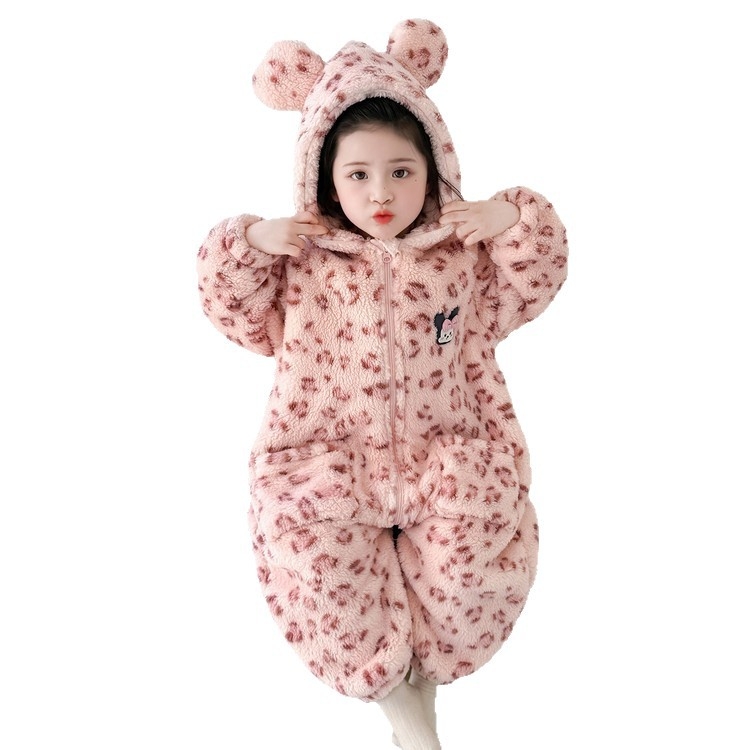 Детска зимна пижама с вграден спален чувал за момичета, плътна фланела, 60% полиестер, корейски стил, за 3–8 години