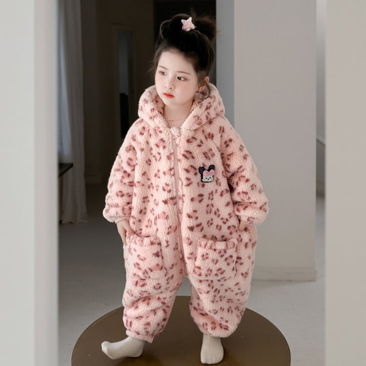Детска зимна пижама с вграден спален чувал за момичета, плътна фланела, 60% полиестер, корейски стил, за 3–8 години