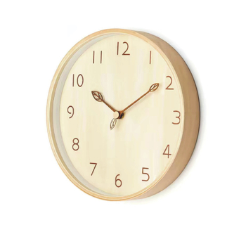 Masívne drevené nástenné hodiny, moderný nordický kruhový dizajn s lístkovými ručičkami, quartz pohyb, model 21888 (batériové napájanie)
