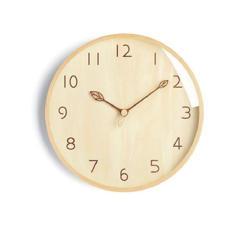 Masívne drevené nástenné hodiny, moderný nordický kruhový dizajn s lístkovými ručičkami, quartz pohyb, model 21888 (batériové napájanie)