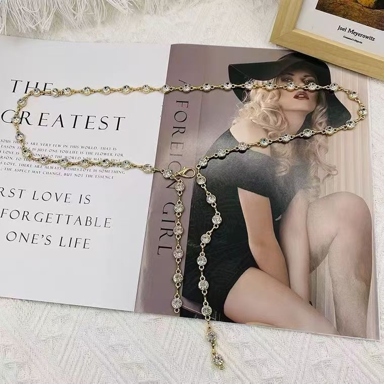 Pás na pás s kovovou reťazou a kamienkami, pre ženy, dĺžka 110 cm, Miao rou jewelry