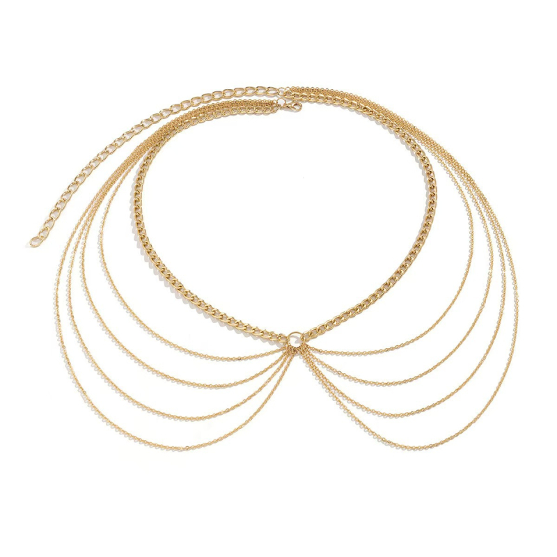 Bedrový reťazec – kovový, pre mladé ženy, viacvrstvový geometrický dizajn, dĺžka 60–80 cm