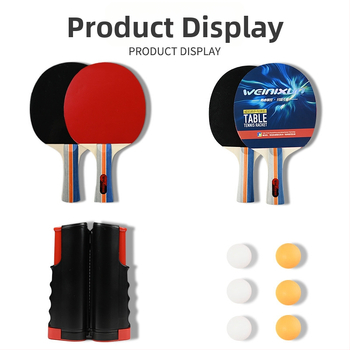 Set stolného tenisu – 4 rakety a 6 loptičiek, sieťka s prenášacím obalom – Wilson, základná doska z poplar dreva, antiadhézová guma, horizontálna raketa, tlač loga k dispozícii