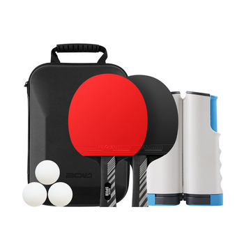 Set stolného tenisu so dve rakety a tri loptičky, tvrdé kožené vrecko, sedemvrstvové masívne drevené čepele, vodorovný úchop