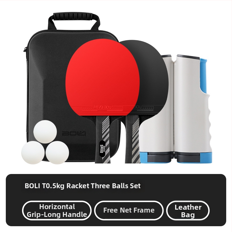 Set stolného tenisu so dve rakety a tri loptičky, tvrdé kožené vrecko, sedemvrstvové masívne drevené čepele, vodorovný úchop