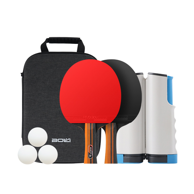 Sada pingpongových rakiet Boli T09 – dve rakety, tri loptičky s rámom na sieť, sedemvrstvové masívne drevo čepele, dvojstranná guma proti lepeniu