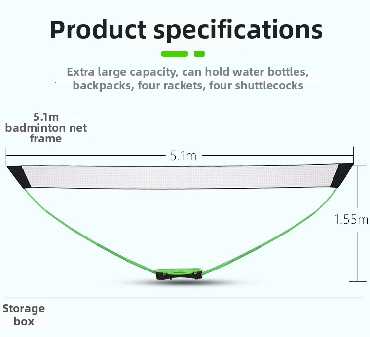 Prenosný stojan na sieť na badminton z PVC, s jednou štandardnou sieťou a dvojitými stĺpmi na tréning, ľahký; balenie 700x300x140 mm; vhodný pre badminton, tenis a ďalšie hry s loptou.