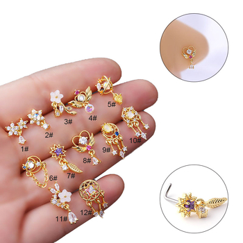 Pin nas cu zirconiu micro-incrustat, oțel inoxidabil 316L, formă geometrică în L, unisex