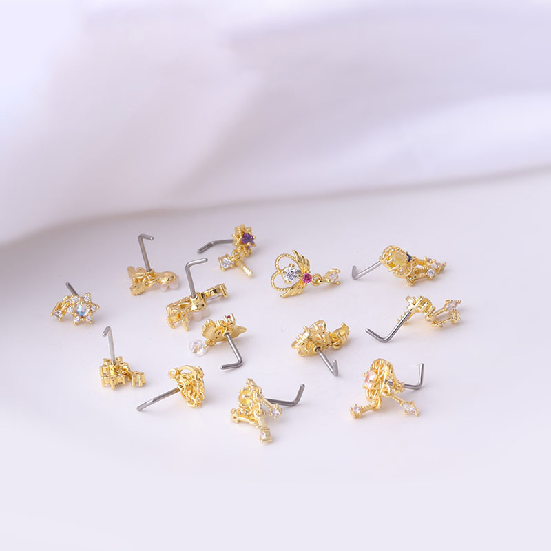 Pin nas cu zirconiu micro-incrustat, oțel inoxidabil 316L, formă geometrică în L, unisex