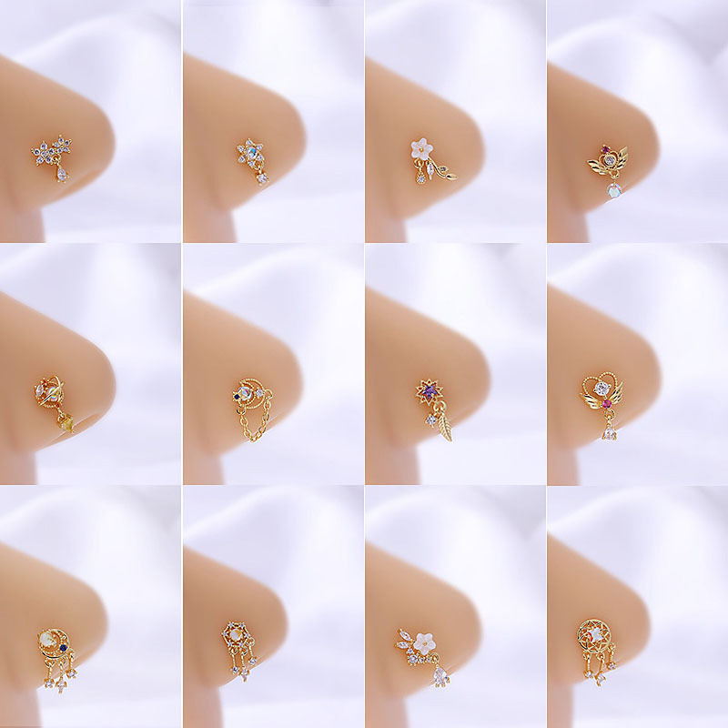 Pin nas cu zirconiu micro-incrustat, oțel inoxidabil 316L, formă geometrică în L, unisex