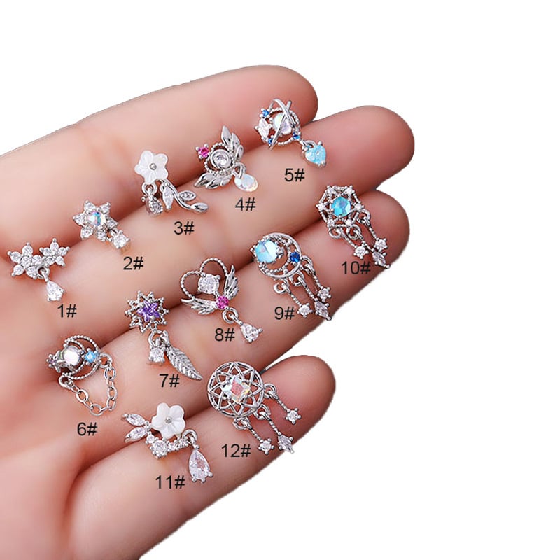 Pin nas cu zirconiu micro-incrustat, oțel inoxidabil 316L, formă geometrică în L, unisex