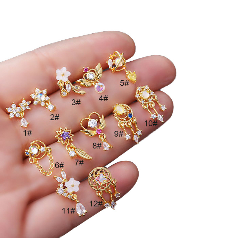 Pin nas cu zirconiu micro-incrustat, oțel inoxidabil 316L, formă geometrică în L, unisex